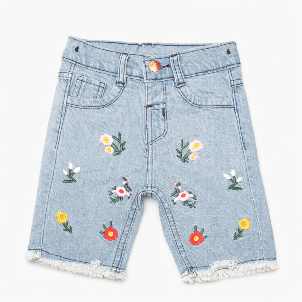 Girls Floral Embroidered Light Blue Denim Shorts