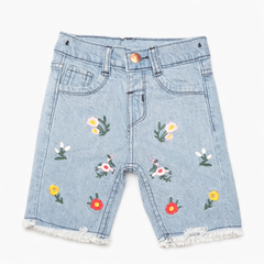 Girls Floral Embroidered Light Blue Denim Shorts