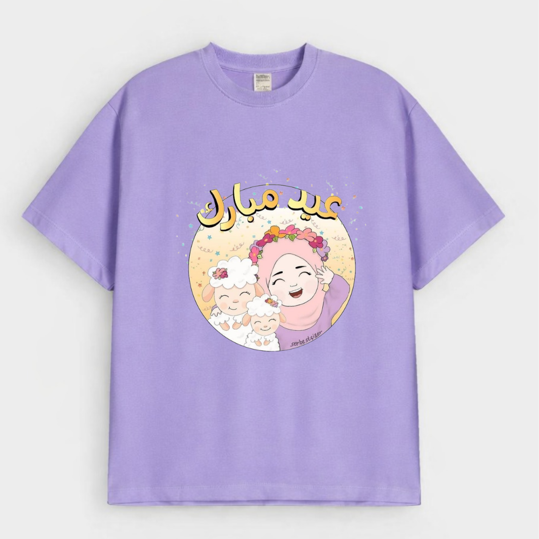 Girls Hijabi Girl & Cute Lambs Arabic Graphic Drop-Shoulder T-Shirt (Eid Edit)