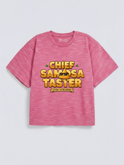 Boys Chief Samosa Taster Funny Graphic Down Shoulder T-shirt for Ramadan Iftar Celebration
