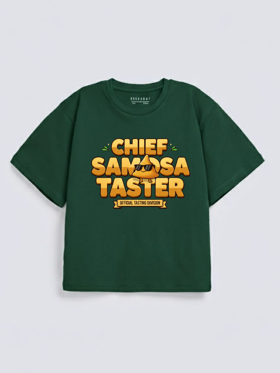 Boys Chief Samosa Taster Funny Graphic Down Shoulder T-shirt for Ramadan Iftar Celebration