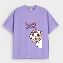 Girls Peeking Lamb with Arabic Text Graphic Drop-Shoulder T-Shirt (Eid Edit)