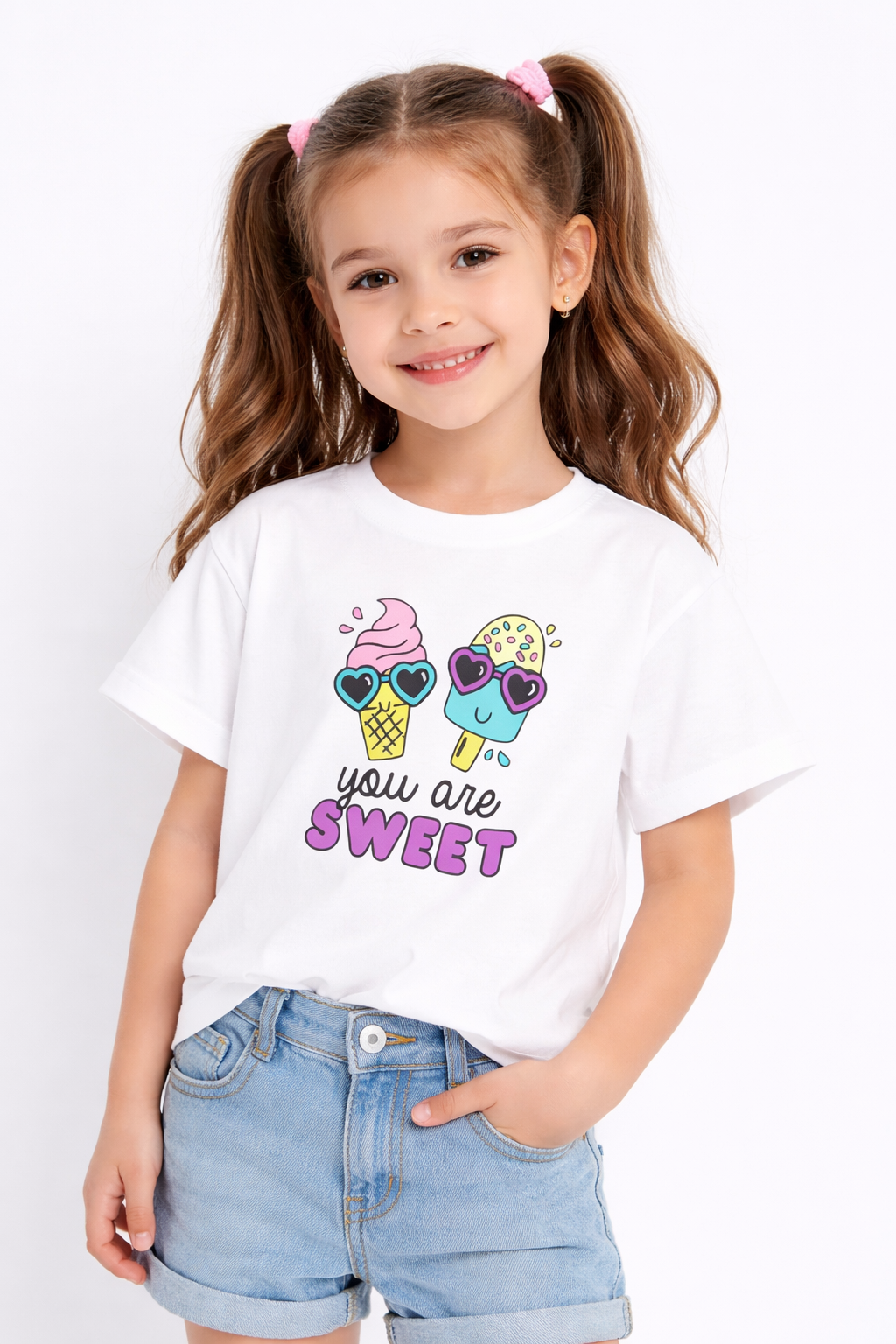 Girls Cute Ice Cream White Down Shoulder T-shirt