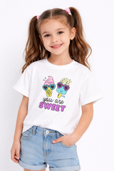 Girls Cute Ice Cream White Down Shoulder T-shirt
