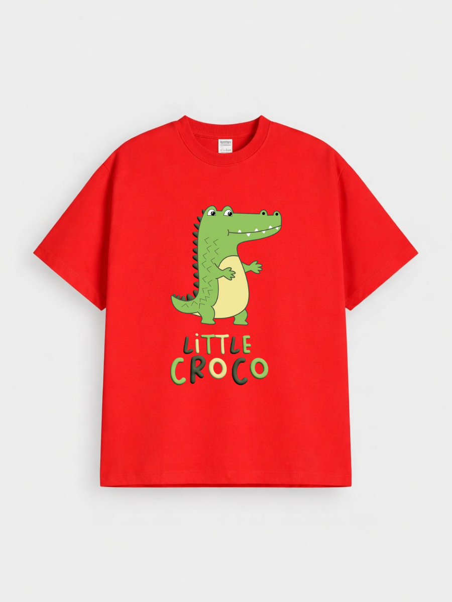 Boys Little Croco Print Red Down Shoulder T-shirt