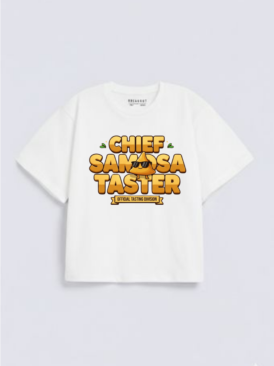 Boys Chief Samosa Taster Funny Graphic Down Shoulder T-shirt for Ramadan Iftar Celebration