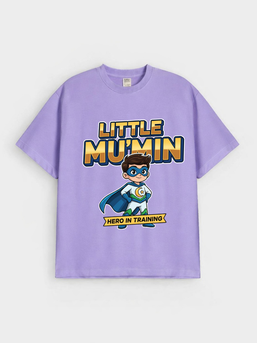Boys Little Mu’min Hero Graphic Down Shoulder T-shirt for Ramadan and Eid Celebration