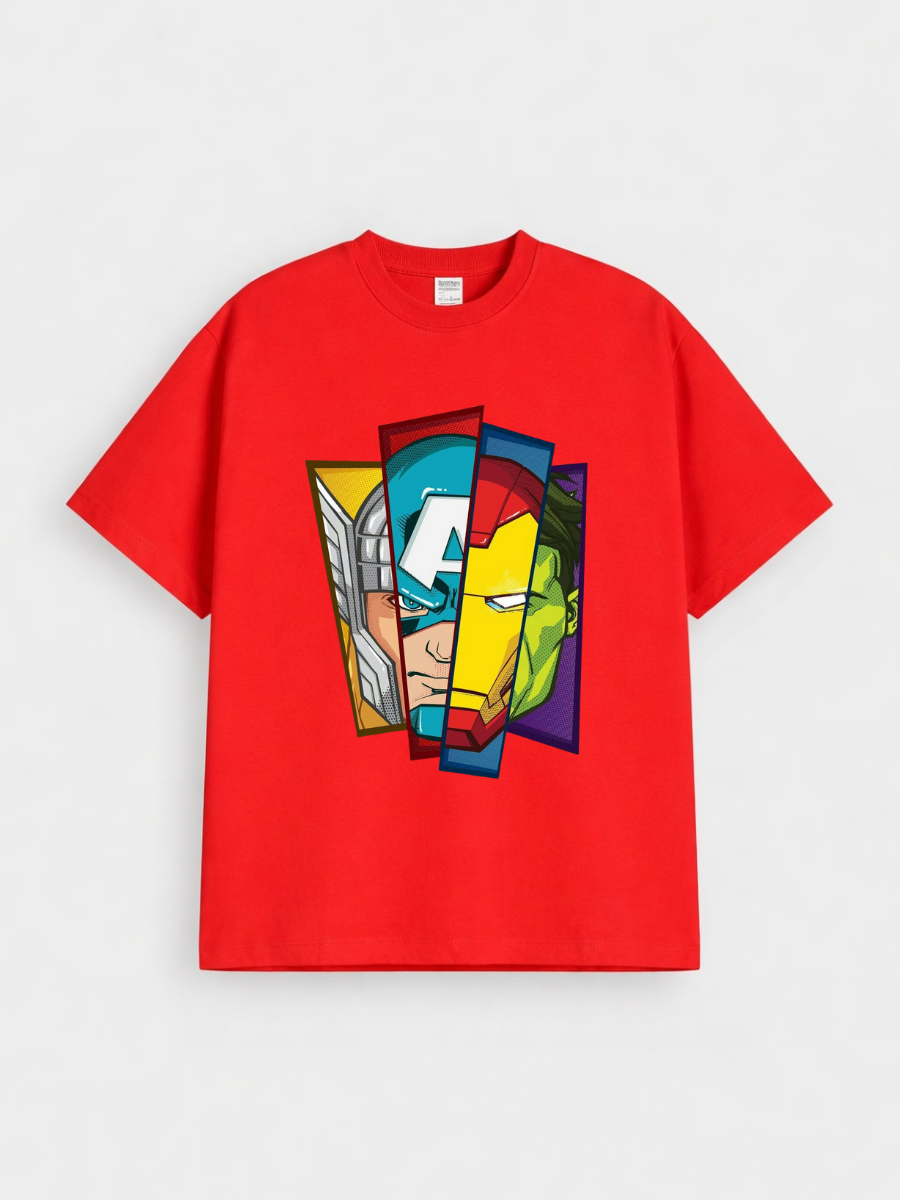 Boys Avengers Superhero Panel Red Down Shoulder T-shirt