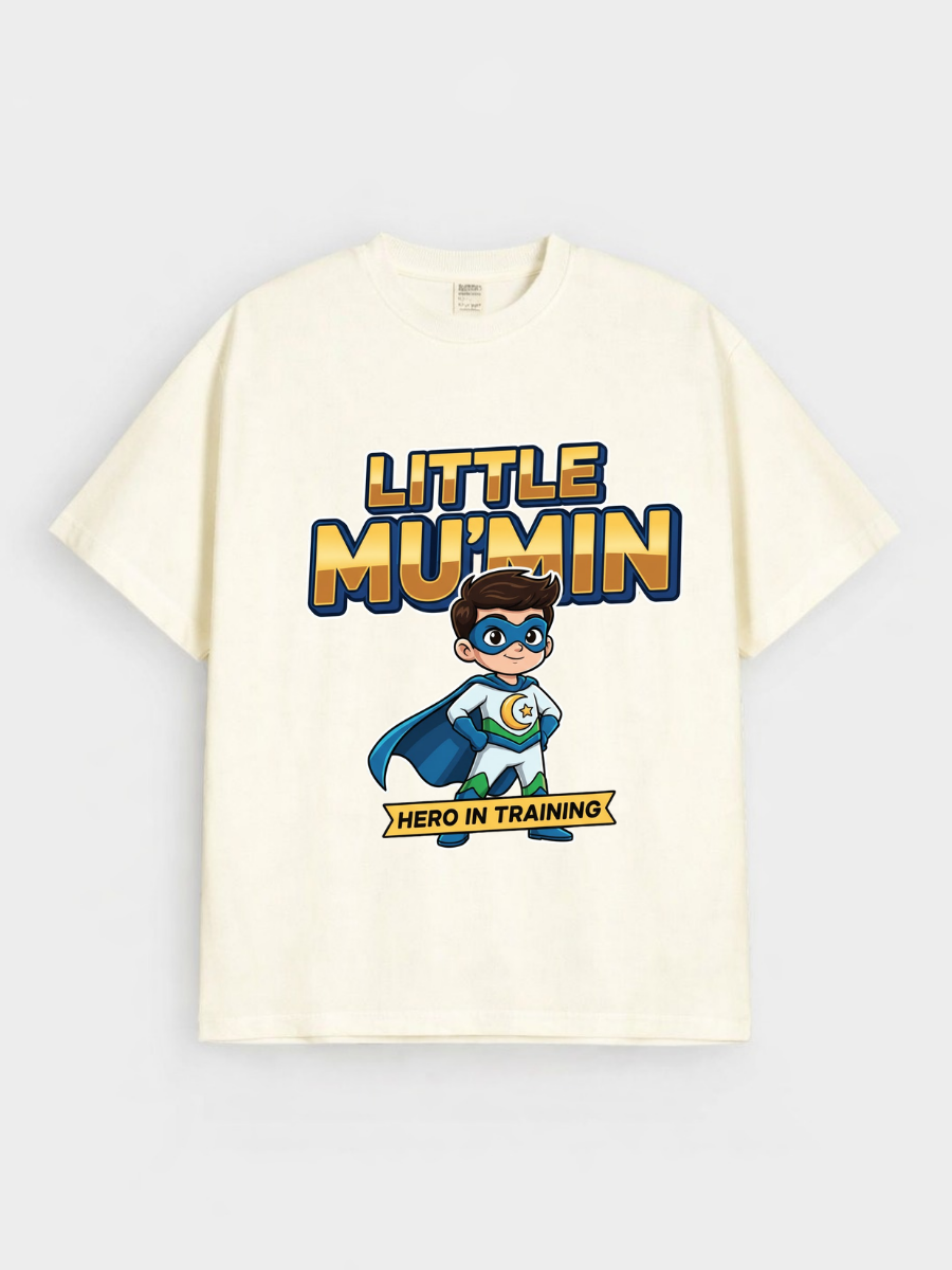 Boys Little Mu’min Hero Graphic Down Shoulder T-shirt for Ramadan and Eid Celebration