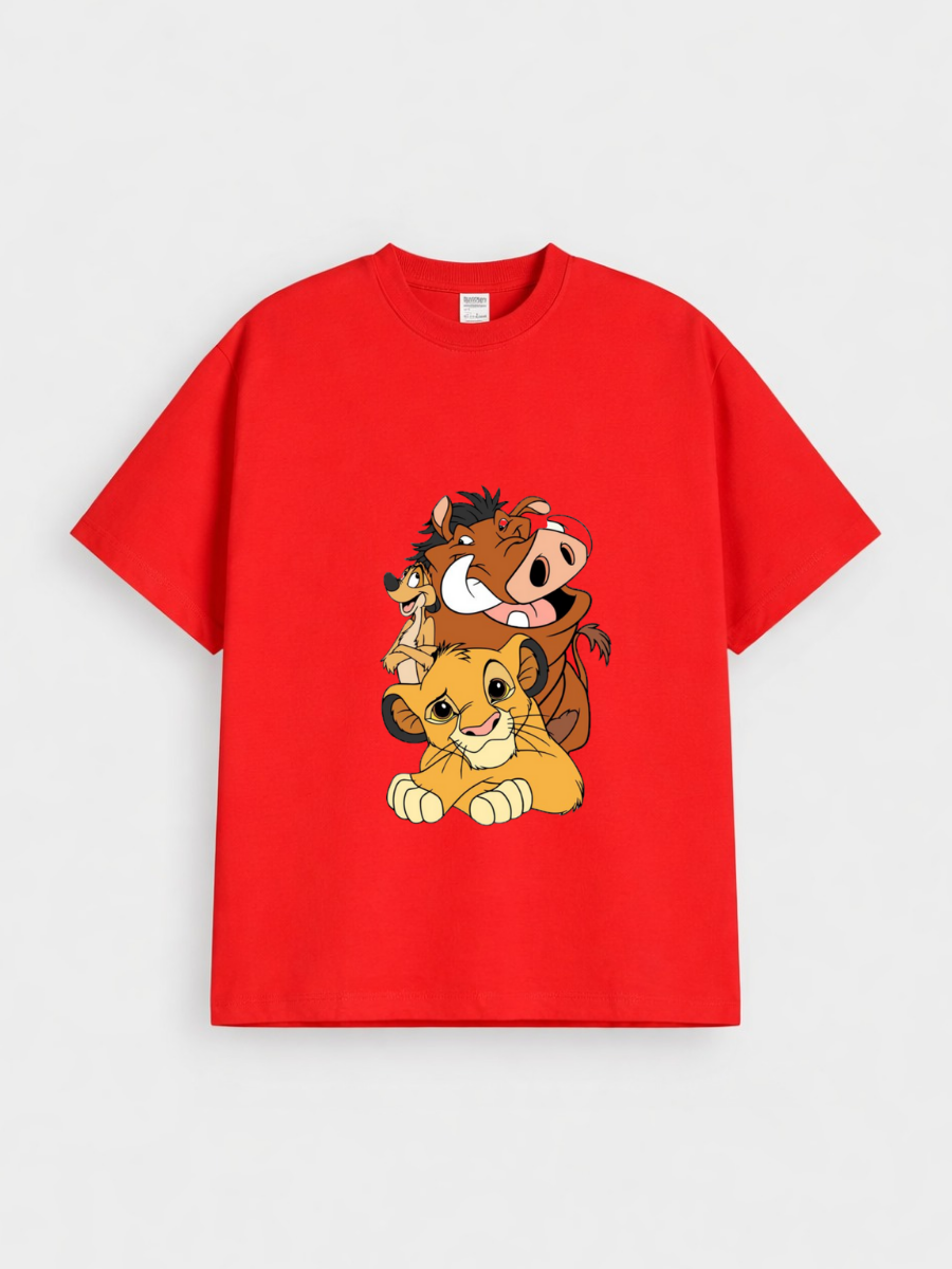 Boys Lion King Character Print Red Down Shoulder T-shirt