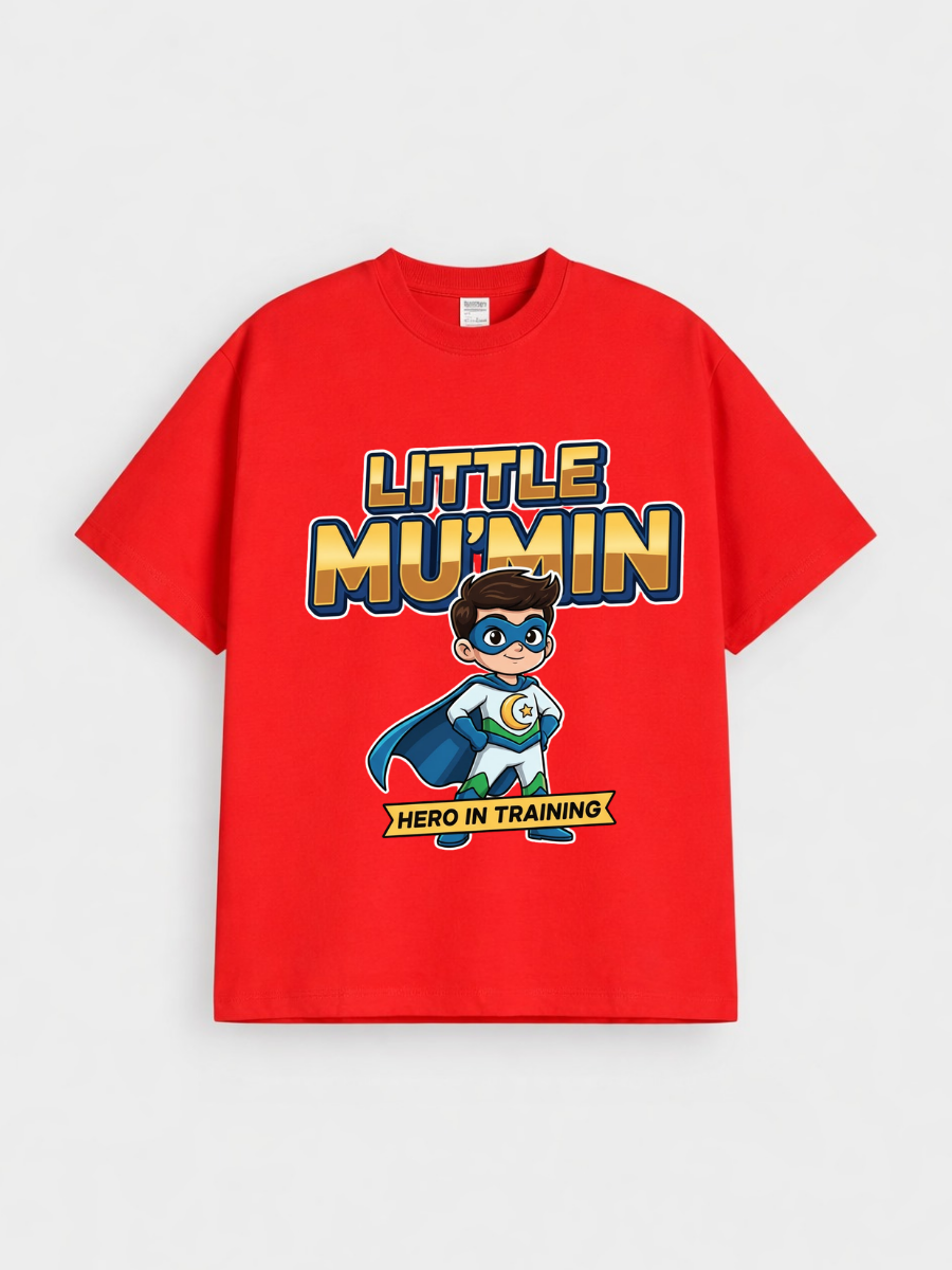 Boys Little Mu’min Hero Graphic Down Shoulder T-shirt for Ramadan and Eid Celebration