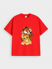 Boys Lion King Character Print Red Down Shoulder T-shirt