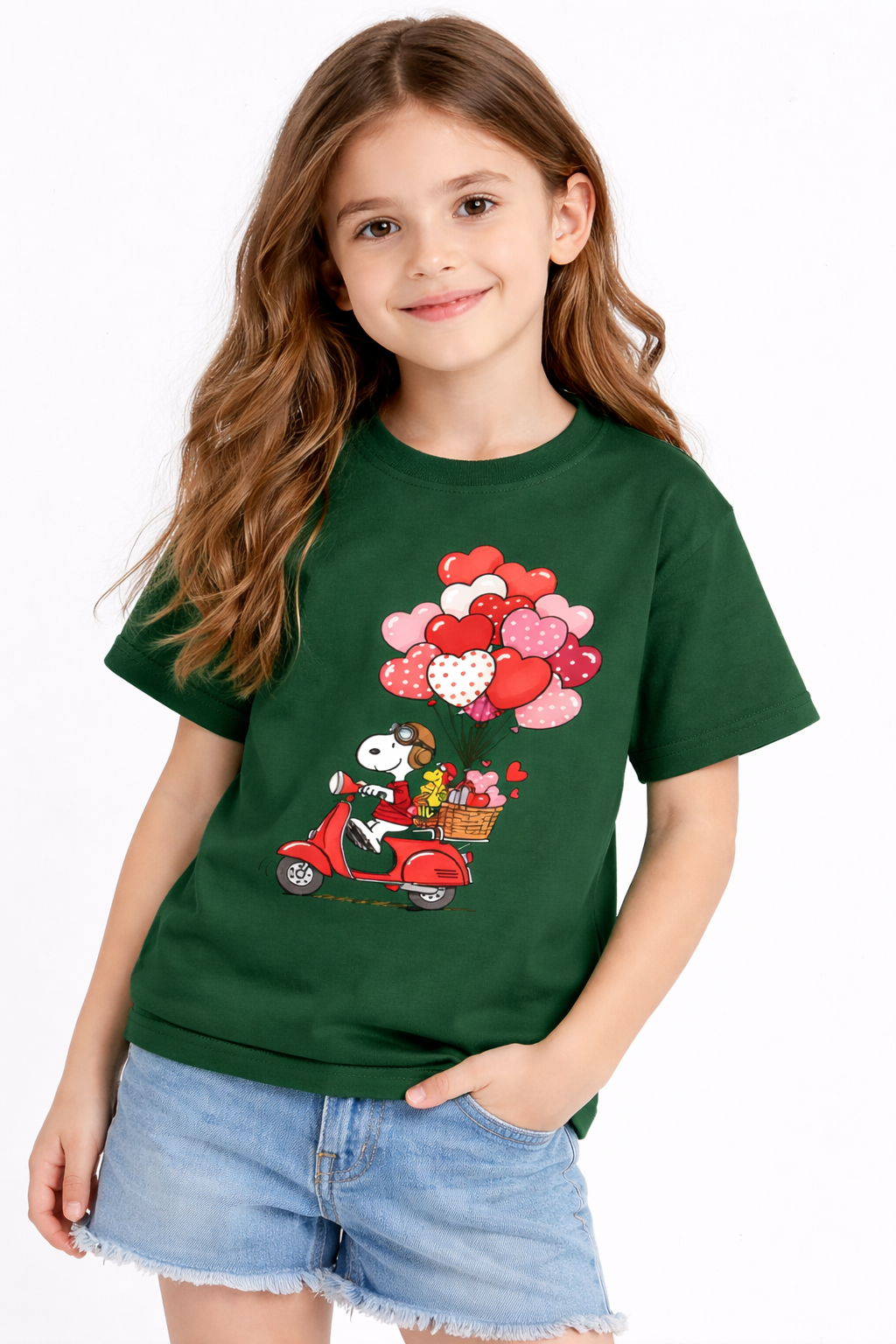 Girls Snoopy Hearts Scooter Green Down Shoulder T-shirt