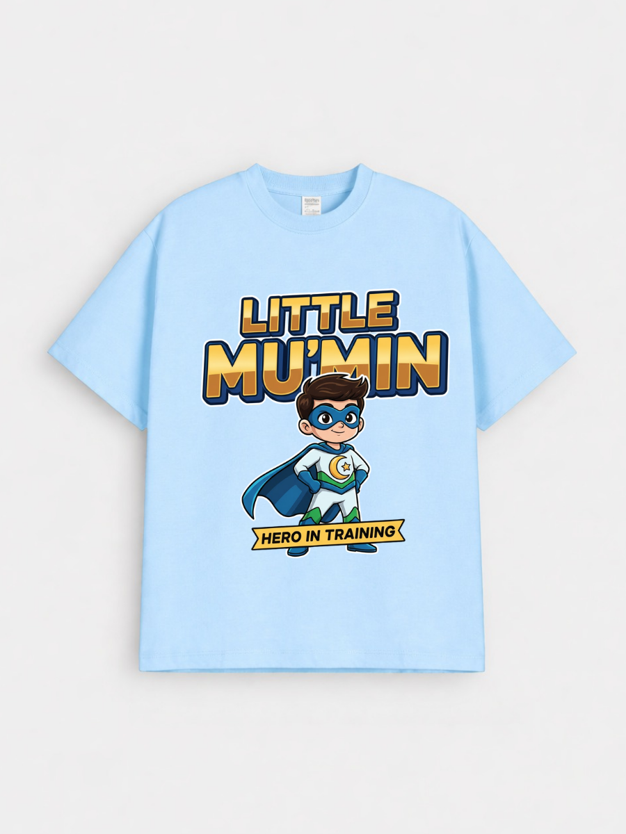 Boys Little Mu’min Hero Graphic Down Shoulder T-shirt for Ramadan and Eid Celebration