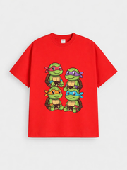 Boys Ninja Turtles Cartoon Print Red Down Shoulder T-shirt