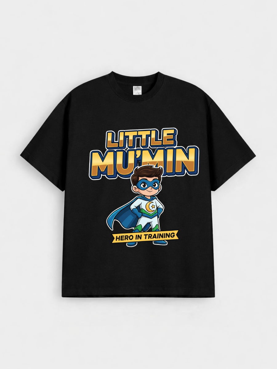 Boys Little Mu’min Hero Graphic Down Shoulder T-shirt for Ramadan and Eid Celebration