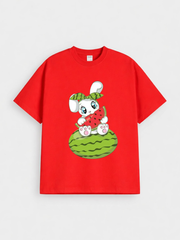 Girls Cute Bunny Watermelon Print Red Down Shoulder T-shirt