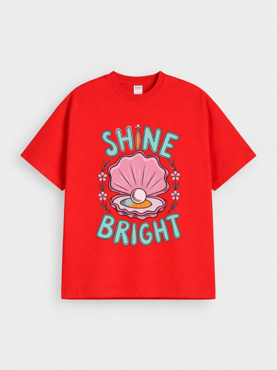 Girls Shine Bright Pearl Shell Red Down Shoulder T-shirt