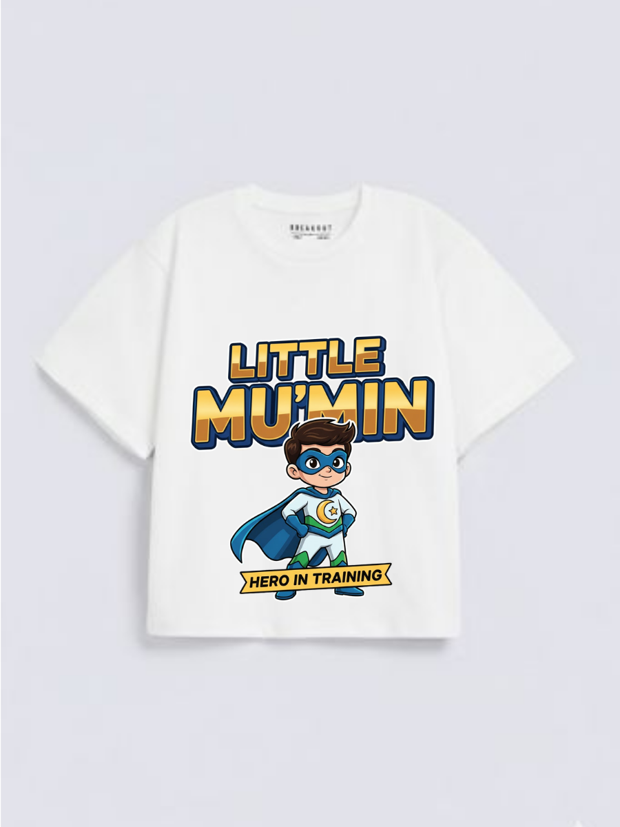 Boys Little Mu’min Hero Graphic Down Shoulder T-shirt for Ramadan and Eid Celebration