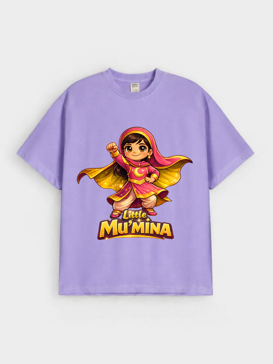 Girls Little Mu’mina Superhero Graphic Down Shoulder T-shirt for Ramadan and Eid Celebration