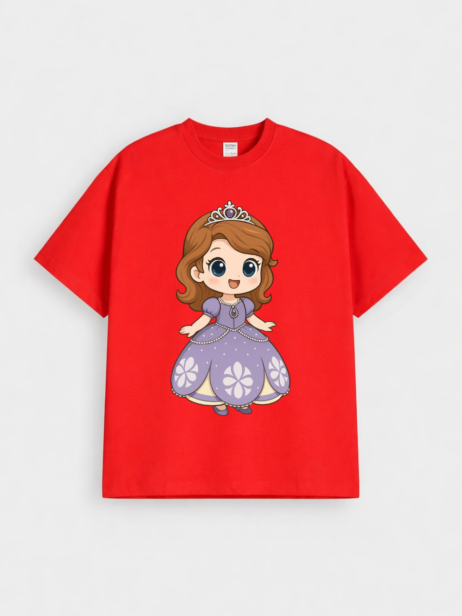 Girls Cute Princess Cartoon Red Down Shoulder T-shirt