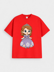 Girls Cute Princess Cartoon Red Down Shoulder T-shirt