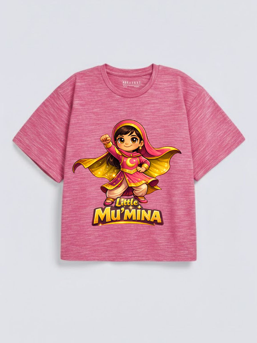 Girls Little Mu’mina Superhero Graphic Down Shoulder T-shirt for Ramadan and Eid Celebration