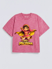 Girls Little Mu’mina Superhero Graphic Down Shoulder T-shirt for Ramadan and Eid Celebration
