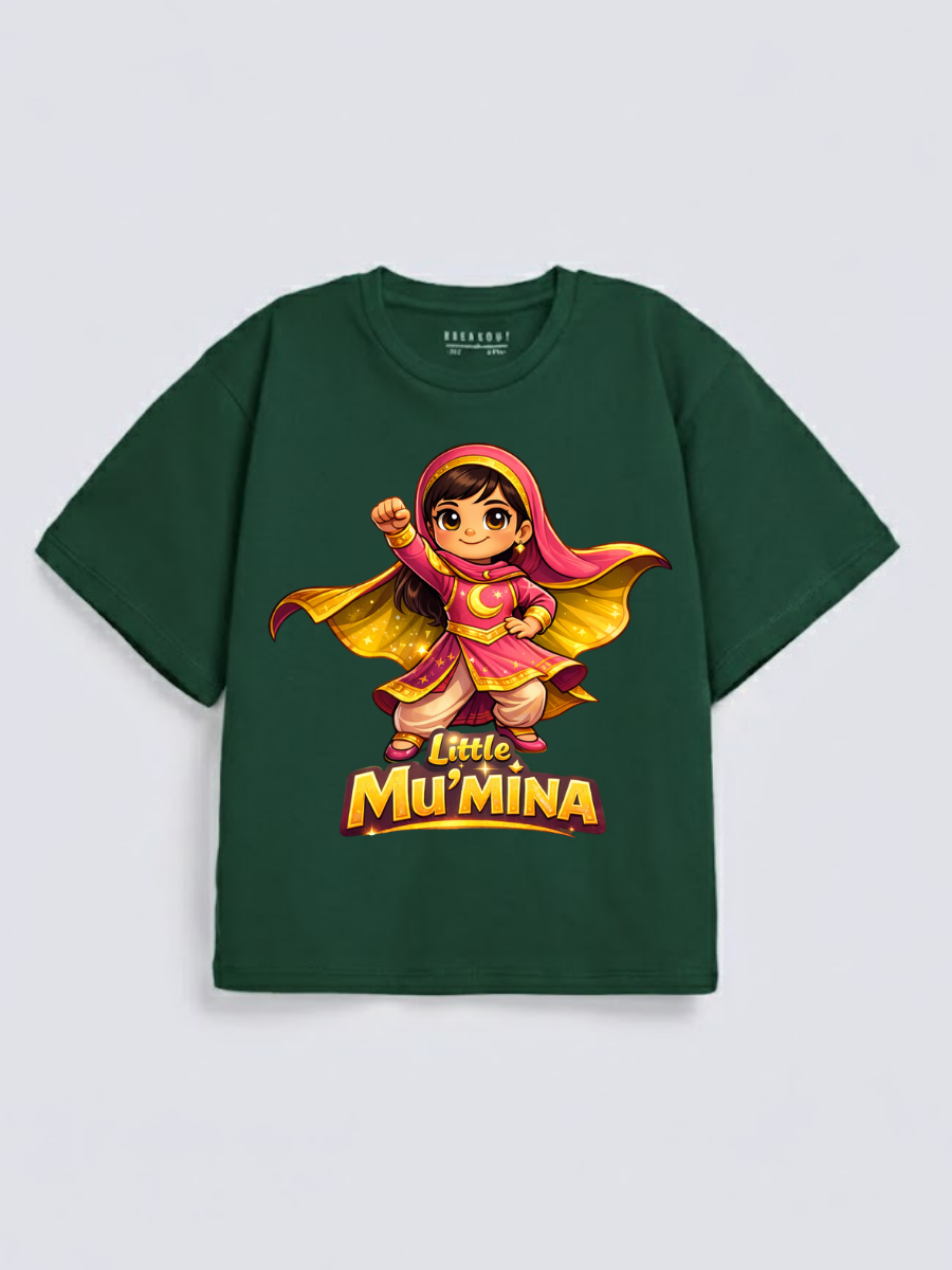 Girls Little Mu’mina Superhero Graphic Down Shoulder T-shirt for Ramadan and Eid Celebration