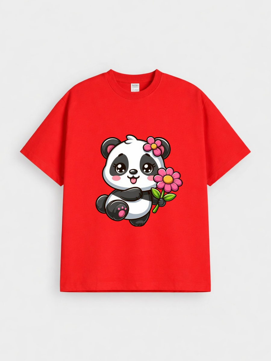 Girls Cute Panda Cartoon Red Down Shoulder T-shirt