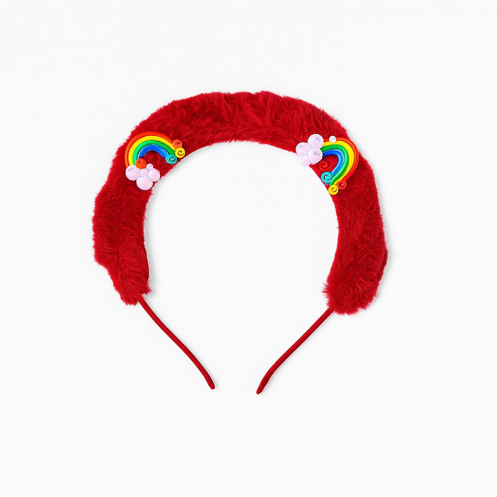 Girls red fur rainbow hair band (Last Chance)