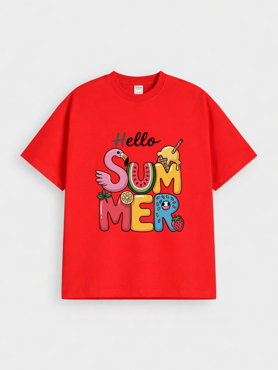 Girls Hello Summer Cartoon Red Down Shoulder T-shirt