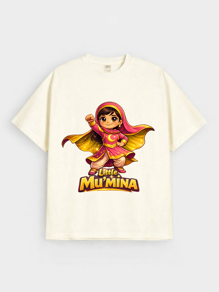 Girls Little Mu’mina Superhero Graphic Down Shoulder T-shirt for Ramadan and Eid Celebration