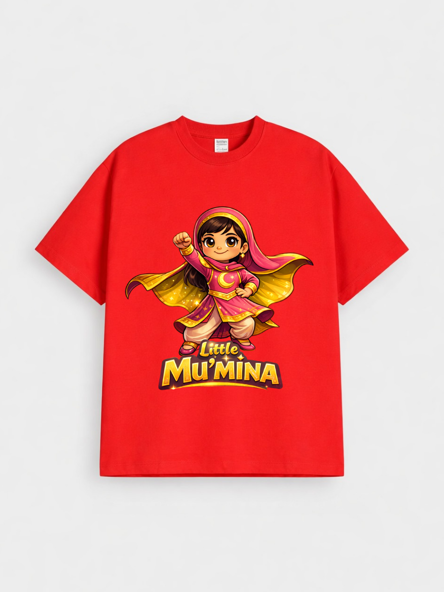 Girls Little Mu’mina Superhero Graphic Down Shoulder T-shirt for Ramadan and Eid Celebration