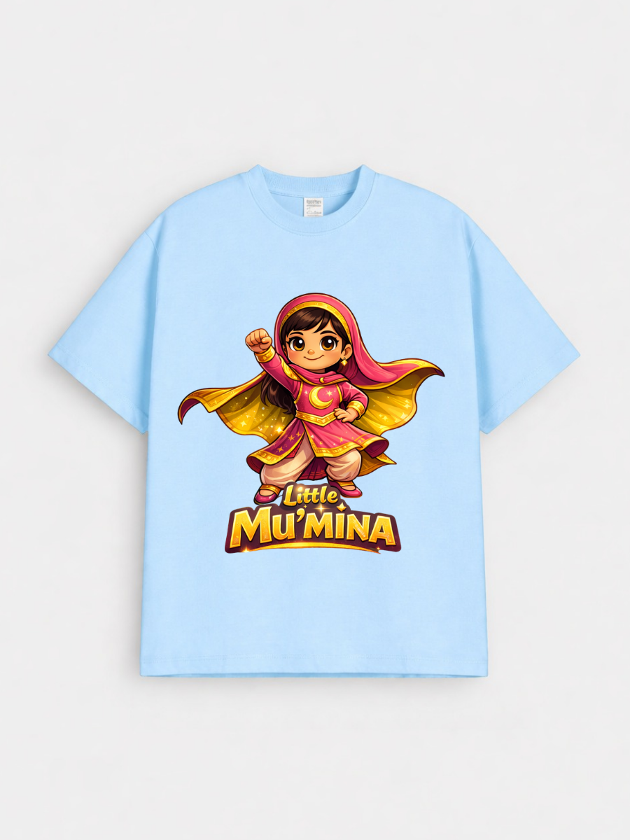 Girls Little Mu’mina Superhero Graphic Down Shoulder T-shirt for Ramadan and Eid Celebration