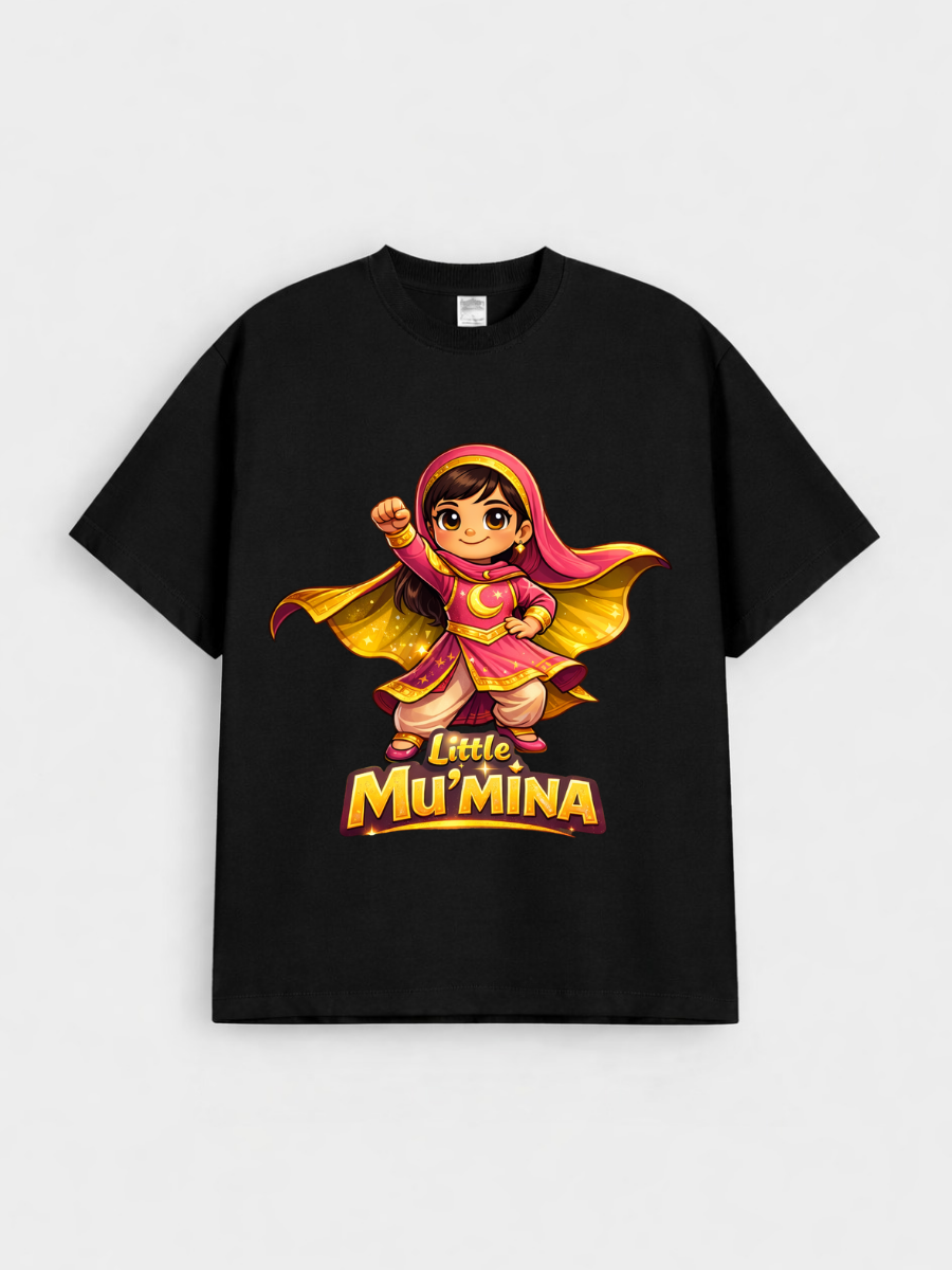 Girls Little Mu’mina Superhero Graphic Down Shoulder T-shirt for Ramadan and Eid Celebration