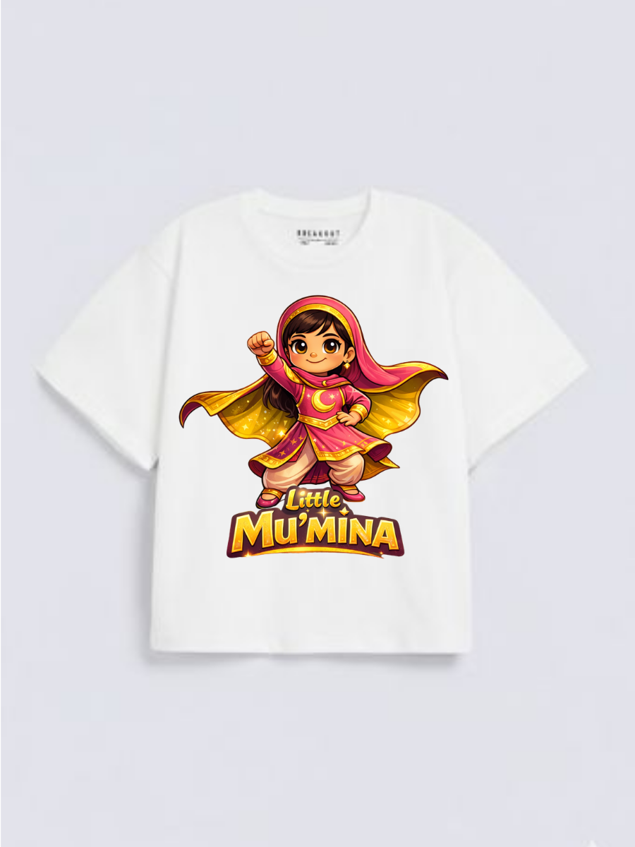Girls Little Mu’mina Superhero Graphic Down Shoulder T-shirt for Ramadan and Eid Celebration