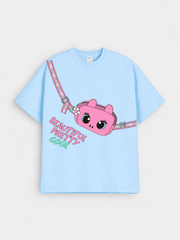 Girls Cute Sling Bag Print Blue Down Shoulder T-shirt