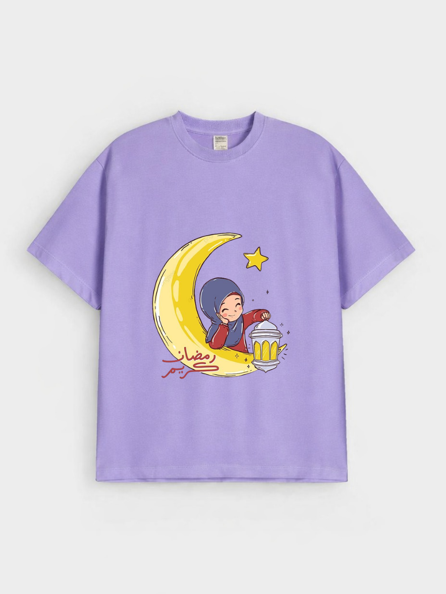 Girls Ramadan Kareem Moon Girl Lantern Graphic Down Shoulder T-shirt for Ramadan Celebration