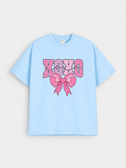 Girls XOXO Bow Print Blue Down Shoulder T-shirt