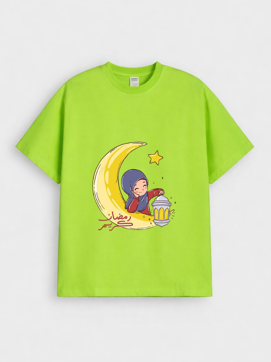 Girls Ramadan Kareem Moon Girl Lantern Graphic Down Shoulder T-shirt for Ramadan Celebration