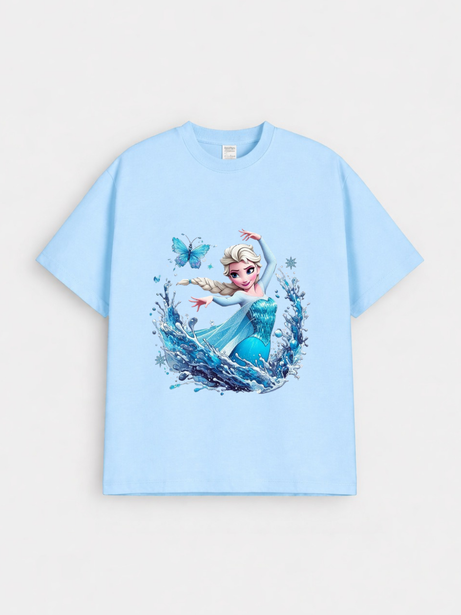 Girls Ice Princess Elsa Print Blue Down Shoulder T-shirt