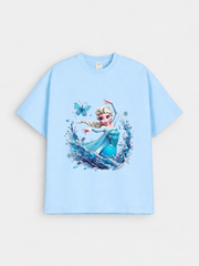 Girls Ice Princess Elsa Print Blue Down Shoulder T-shirt