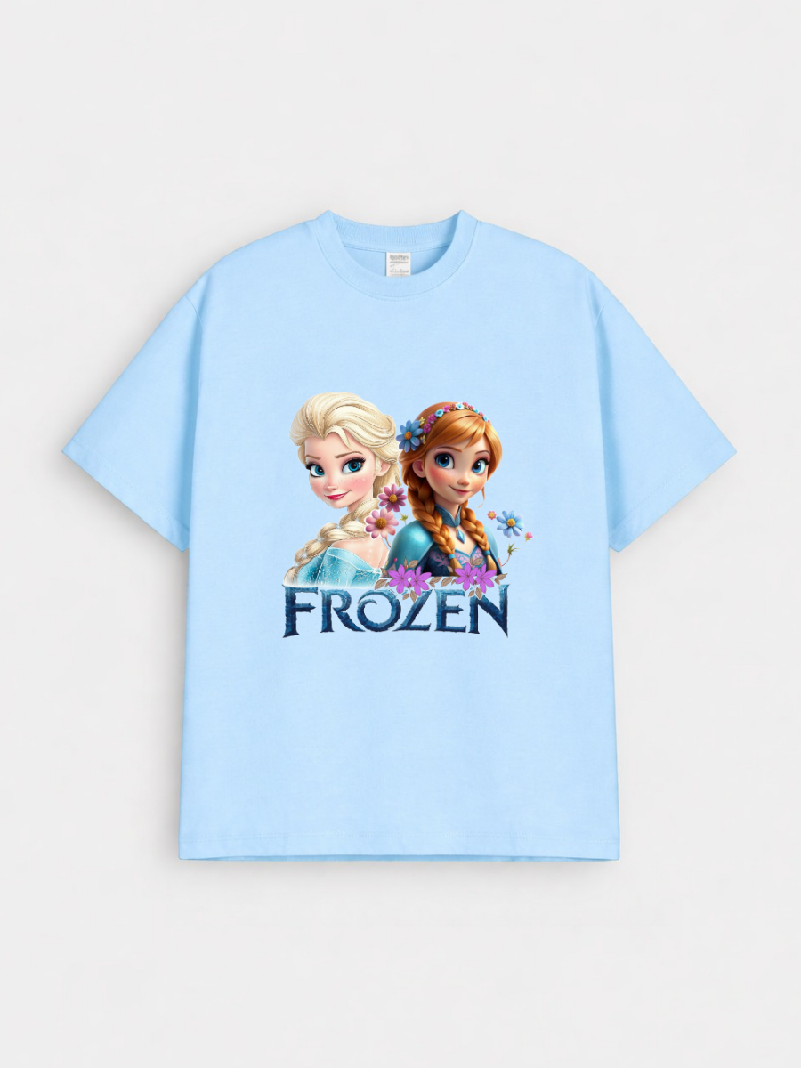 Girls Frozen Elsa & Anna Print Blue Down Shoulder T-shirt