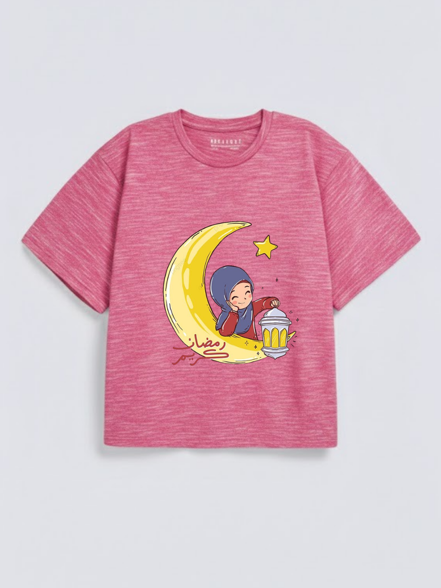 Girls Ramadan Kareem Moon Girl Lantern Graphic Down Shoulder T-shirt for Ramadan Celebration