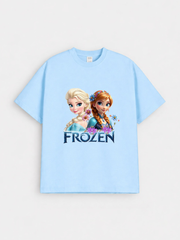 Girls Frozen Elsa & Anna Print Blue Down Shoulder T-shirt