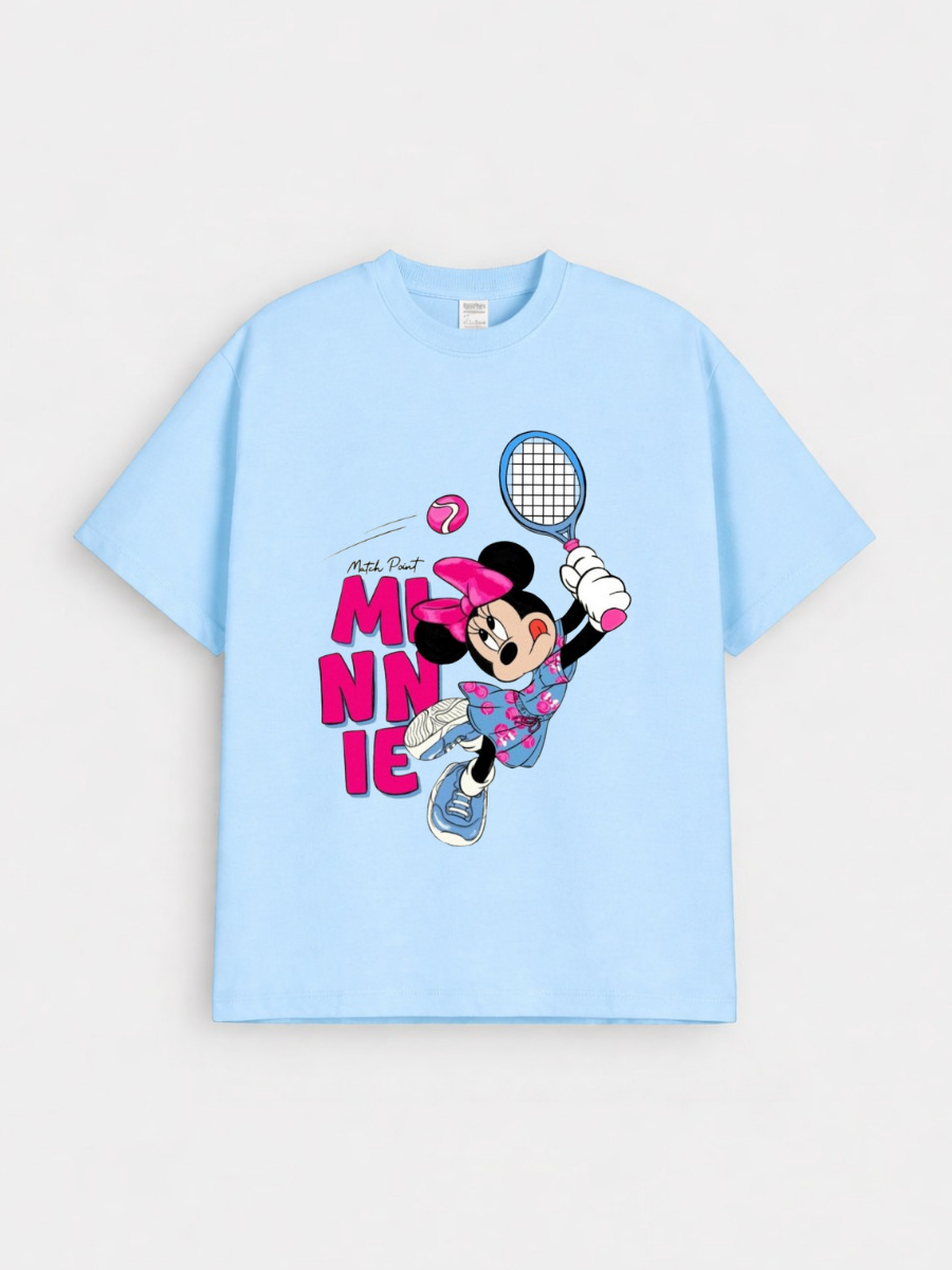 Girls Minnie Tennis Print Blue Down Shoulder T-shirt