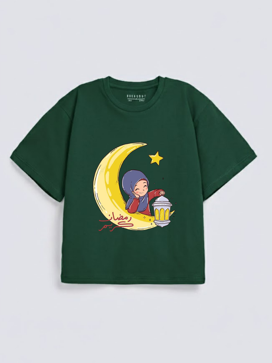 Girls Ramadan Kareem Moon Girl Lantern Graphic Down Shoulder T-shirt for Ramadan Celebration