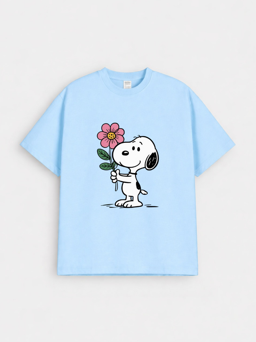 Girls Snoopy Flower Print Blue Down Shoulder T-shirt