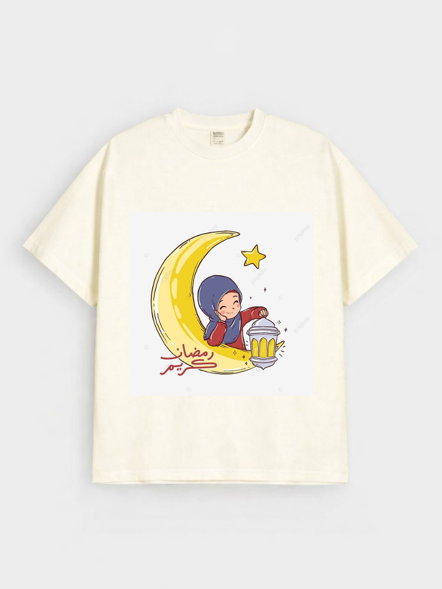 Girls Ramadan Kareem Moon Girl Lantern Graphic Down Shoulder T-shirt for Ramadan Celebration